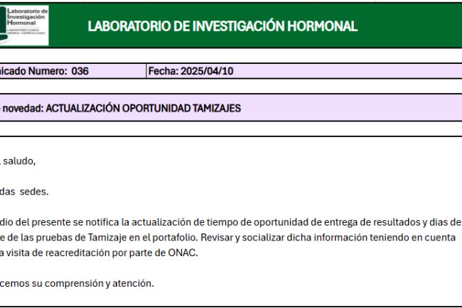 ACTUALIZACIÓN ENTREGA DE RESULTADOS DE TAMIZAJES NEONATALES